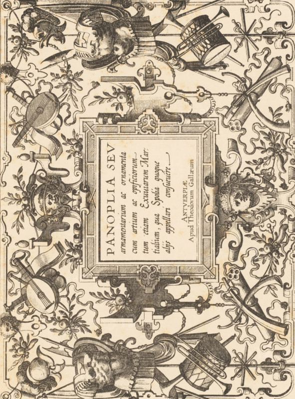 Frontispice, XVIe Siècle, Reproduction of a title page with grotesques by Hans Vredeman de Vries, reproduction, page, photomechanical print, inscription: 'LITT. F. - PL. 8', monogram: 'JJvY', inscription: 'FRONTISPICE de l'intéressant, ', cliché maker: Joseph Maes (possibly), Antwerp, after print by Hans Vredeman de Vries, after design by Christoffel Plantijn, c. 1875 - in or before 1880, Joseph Maes, Hans Vredeman de Vries, Christoffel Plantijn, photographer, cliché maker, after print by, after design by, paper, photolithography, height 364 mm x width 231 mm, armor, drum (musical instrument), ornament, grotesque, title-page, An ornate printed page rotated sideways showing a rectangular framed panel at the center surrounded by intricate line engravings of classical decorative elements, including stylized floral motifs, scrolling acanthus leaves, and ribbon-like banners. Around the frame are detailed depictions of helmets and armor, robed busts with ornate headgear, musical instruments ...