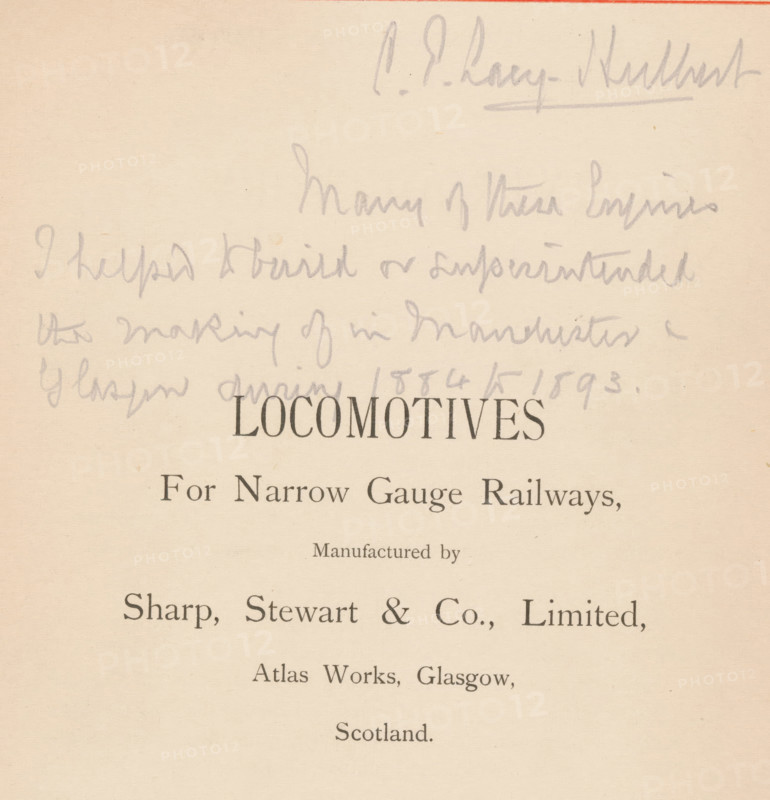 Locomotives for narrow gauge railways manufactures by Sharp, Stewart and Co., Limited, Atlas Works, Glasgow, Scotland, book, inscription: 'CP Lary. Hulbert Many & ... Engines I helped to build ... 1884 to 1893', publisher: Sharp, Stewart & Co., 1884, textile materials, paper, linen (material), albumen print, height 240 mm x width 190 mm x thickness 15 mm, A section of aged off-white paper with a narrow red border at the top, containing faint pencil scribbles across the upper area and darker printed type lower down, with wide margins and evenly spaced lines of printed text centered on the page.