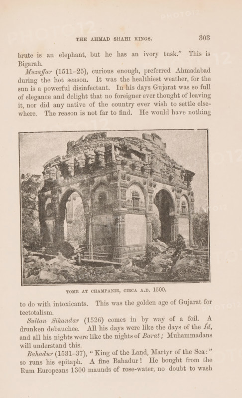 Tomb at Champaner, Gujarat, India, page, photomechanical print, caption: 'TOMB AT CHAMPANIR, CIRCA AD 1500.', Champaner, cliché maker: Lemercier & Cie., Paris, c. 1883 - in or before 1893, photographer, paper, autotypie, height 77 mm x width 95 mm, grave, tomb, façade (of house or building), A faded page showing a rectangular framed photograph of a ruined stone tomb with arched openings on multiple sides, ornate carved details on the pillars and arches, and rubble and vegetation around its base, surrounded by printed lines of text above and below the image.