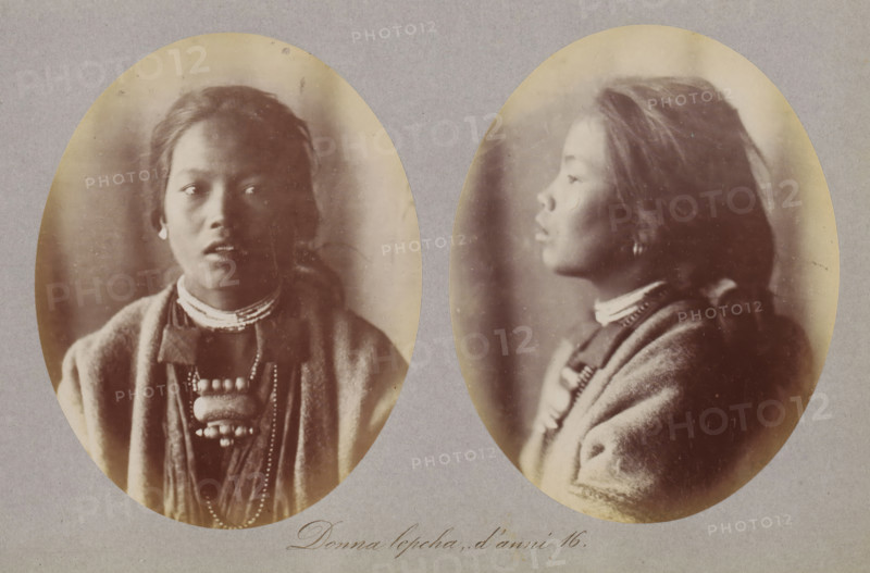 Two portraits of an unknown girl from the Lepcha, Donna lepcha, d'anni 16, photograph, page, photographer: Paolo Mantegazza, India, c. 1881 - in or before 1886, Paolo Mantegazza, photographer, paper, albumen print, height 151 mm x width 241 mm, adolescent, young woman, maiden (sideview, profile), maiden (front view), Two oval sepia photographs mounted on a gray background show the same young woman in different poses; the left image is a front-facing portrait with her head and shoulders visible, she has dark hair pulled back and wears a layered necklace and a textured outer garment, her expression is neutral with slightly parted lips, and the lighting creates soft shadows across her face; the right image is a profile view of her facing right, showing her hair gathered at the back, the same necklace and outer garment visible from the side, and similar soft lighting and vignette around the edges of the oval.
