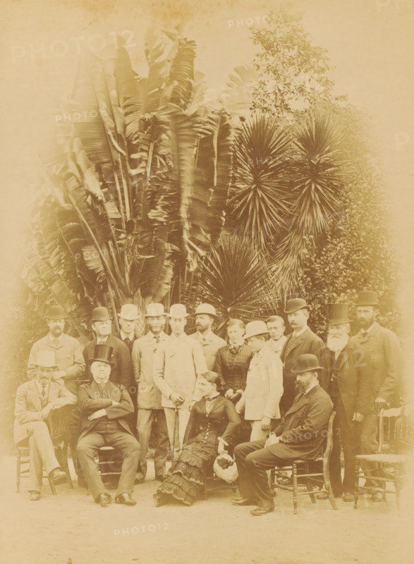 Group portrait of Arthur Kennedy and his family, Prince George of Wales and Prince Albert Victor of Wales in Brisbane, photograph, page, Brisbane (Australia), c. 1880 - in or before 1881, photographer, Queensland, paper, albumen print, height 226 mm x width 168 mm, Person, Albert Victor (Prince of the United Kingdom), George V (King of the United Kingdom), Arthur Kennedy, colonial governor, anonymous historical persons portrayed in a group, in a group-portrait, prince, crown prince, A sepia-toned group portrait shows a mix of men and women posed outdoors in front of large spiky and broad-leafed plants; the men wear suits and various styles of hats including bowler and top hats, and several have facial hair, while the women wear long dresses with high collars and hats; some people are seated on wooden chairs and others stand closely behind them, with one seated woman holding a round woven basket, and a few men hold walking sticks.