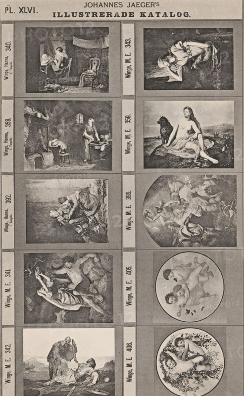 Photo reproduction of ten paintings with mainly mythological scenes, Johannes Jaeger's Illustrerade Catalog, reproduction, page, photomechanical print, number: 'PL. XLVI.', photographer: Johannes Jaeger, Stockholm, cliché maker: anonymous, after painting by Mårten Eskil Winge, c. 1872 - c. 1882, Johannes Jaeger, Mårten Eskil Winge, photographer, cliché maker, after painting by, paper, collotype, light print, height 182 mm x width 110 mm, picture, painting, Classical Mythology and Ancient History, A vertically oriented printed page divided into columns and rows showing pairs of framed rectangular and circular artworks; each artwork contains detailed monochrome illustrations including indoor scenes with people interacting, a seated woman with long hair beside a large animal on a rocky shore, a kitchen interior with a figure near a hearth, reclining and entwined figures in mythological poses, playful cherubic children in a circular frame, and scenes of people in rustic or pastoral setting...