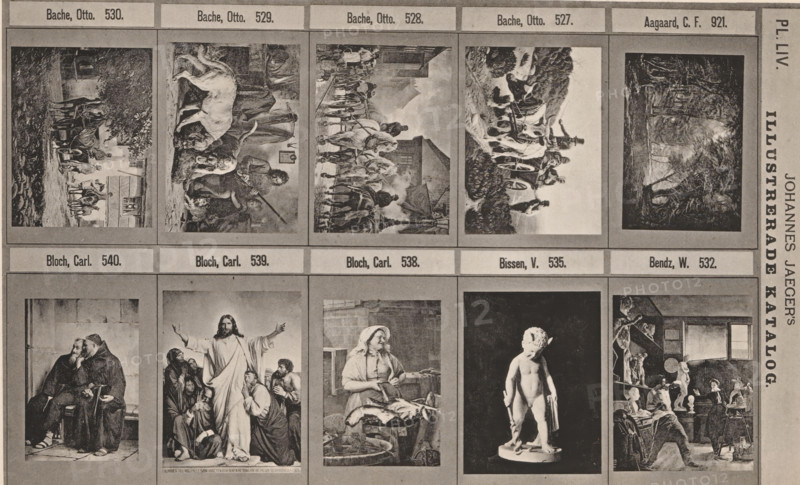 Photo reproduction of nine paintings and a sculpture, Johannes Jaeger's Illustrerade Catalog, reproduction, page, photomechanical print, number: 'PL. LIV.', photographer: Johannes Jaeger, Stockholm, cliché maker: anonymous, after painting by Otto Bache, c. 1872 - c. 1882, Johannes Jaeger, Otto Bache, photographer, cliché maker, after painting by, paper, collotype, photoprint, height 180 mm x width 111 mm, sculpture, picture, painting, A rectangular printed page shows a grid of framed black-and-white images arranged in rows and columns. The top row contains five small rectangular illustrations depicting outdoor and rural scenes with people, animals, carts, and buildings. Each of these images sits beneath a narrow header strip. The middle and bottom areas show larger framed images including scenes of seated figures, a standing robed figure among a group, a woman at a table with domestic items, a sculpted nude child on a pedestal against a dark background, and an interior scene with peopl...