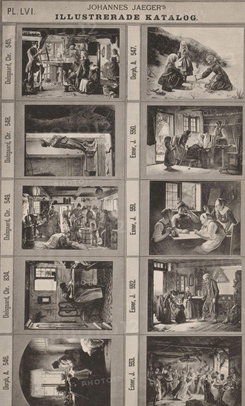 Photo reproduction of ten genre scenes, Johannes Jaeger's Illustrerade Katalog, reproduction, page, photomechanical print, number: 'PL. LVI.', photographer: Johannes Jaeger, Stockholm, clichémaker: anonymous, after painting by Christen Dalsgaard, c. 1872 - c. 1882, Johannes Jaeger, Christen Dalsgaard, photographer, clichémaker, after painting by, paper, collotype, photogravure, height 181 mm x width 111 mm, picture, painting, A vertical page with a series of rectangular sepia-toned illustrations arranged in two columns; each illustration shows interiors or outdoor scenes with people engaged in domestic activities, including groups gathered around tables, women and children interacting, figures standing or seated, and a scene of three girls on a sandy dune; decorative borders separate the images and narrow vertical caption panels run alongside each row of illustrations; a bold header at the top spans the page.