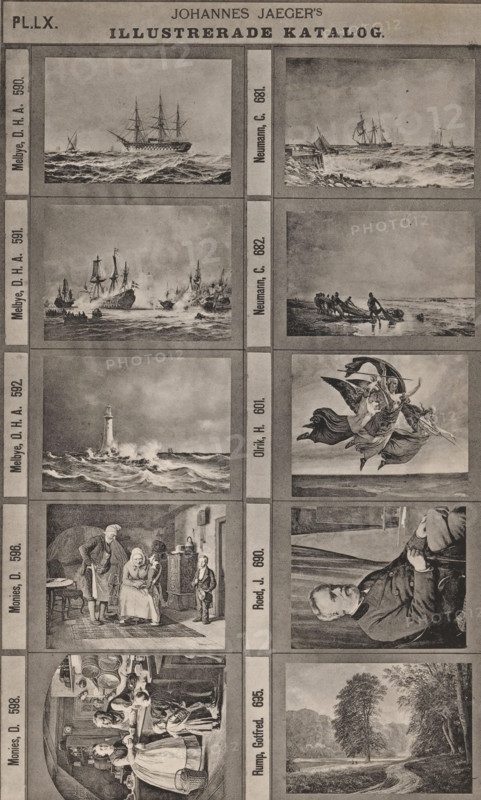 Photo reproduction of ten paintings, Johannes Jaeger's Illustrerade Catalog, reproduction, page, photomechanical print, number: 'PL. LX.', photographer: Johannes Jaeger, Stockholm, cliché maker: anonymous, after painting by Anton Melbye, c. 1872 - c. 1882, Johannes Jaeger, Anton Melbye, photographer, cliché maker, after painting by, paper, collotype, light print, height 181 mm x width 110 mm, picture, painting, A vertically oriented sheet shows a grid of framed illustrations arranged in columns and rows, each framed image separated by narrow borders. The top section features a heading area with large dark lettering and a decorative line beneath it. The illustrated panels include maritime scenes with sailing ships on choppy seas, including a multi-masted warship and smaller vessels, views of a rocky shoreline with waves breaking and boats near the shore, and a lighthouse standing amid turbulent waters. Other panels depict a battle at sea with sailing ships exchanging cannon fire and sma...