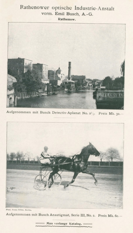 View of a running horse and a jockey, page, photomechanical print, inscription: 'Rathenower optische Industrie-Anstalt, form. Emil Busch, ', cliché maker: Meisenbach, Riffarth & Cie. (possibly), Berlin, c. 1897 - in or before 1902, photographer, paper, autotypie, height 85 mm x width 116 mm, Print between page 134 and page 135., horse-racing, jockey, A tall narrow page showing two framed black-and-white photographs stacked vertically, each with a thin border and captions beneath. The top photograph depicts a riverside town scene with buildings lining both sides of a river, a variety of rooflines including a rounded cupola and a tall chimney, trees along the banks, small boats docked at the water’s edge, and a signboard visible on the right side of the river. The bottom photograph shows a harnessed horse in mid-stride pulling a two-wheeled sulky with a seated driver wearing a cap and striped clothing, an open racetrack or field and a line of trees in the distant background, and the hors...