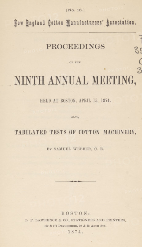 Proceeding of the ninth annual meeting, book, publisher: LF Lawrence & Co., Boston (Massachusetts), 1874, North America, Massachusetts, paper, printing, albumen print, height 237 mm x width 147 mm x thickness 5mm, A vertically oriented aged paper page with printed headings and centered lines of serif text in varying sizes and styles, featuring a decorative horizontal rule near the top and a small ornamental line element toward the middle, with scattered small brown spots and a handwritten vertical column of dark markings along the right edge, the paper showing a warm beige tone and slight texture throughout.
