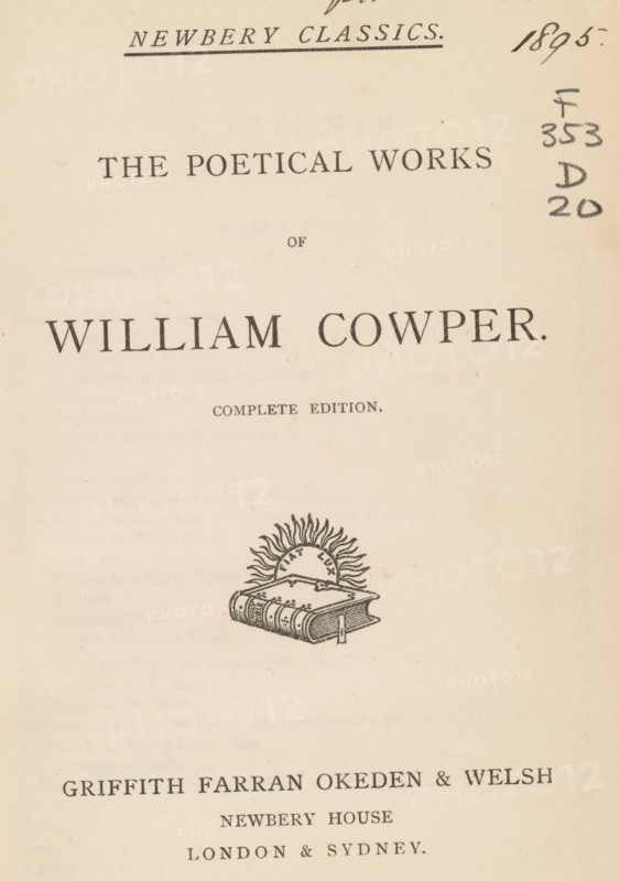 The poetical works of William Cowper, book, date: 'OCT, 1985', annotation: 'no s.', dedication: 'With best wishes to Adrienne, from MS., 1895.', publisher: Griffith, Farran, Okeden & Welsh, London, c. 1890, pasteboard, biological material, paper, leather, printing, color on cut, albumen print, height 178 mm x width 130 mm x thickness 31 mm, A cream-colored page with printed black ornamental elements and a small illustration near the center showing a closed book with a ribbon marker and a stylized sunburst rising behind it; there are handwritten pencil marks along the right margin and a small scribble near the top edge, and faint printed lines and decorative type arranged above and below the illustration.