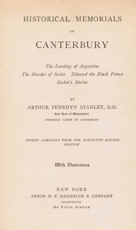 Historical memorials of Canterbury, book, inscription: 'to Eliya Ho...er From Cousin Nellie ... Christmas, after I had ... in', name: 'From the Library of Robert C. Hosmer of Syracuse, New York', writer (clerical worker): Arthur Penrhyn Stanley, publisher: Anson DF Randolph and Company, New York (city), 1892, writer (clerical worker), North America, textile materials, pasteboard, paper, linen (material), albumen print, height 225 mm x width 155 mm x thickness 40 mm, A cream-colored page with centered dark printed lines of varying sizes and styles, featuring a large bold heading near the top, spaced smaller lines of script and serif type below, a mid-page cluster of serif text with different weights, and additional lines of serif text toward the lower half, all arranged vertically on the page with generous margins.