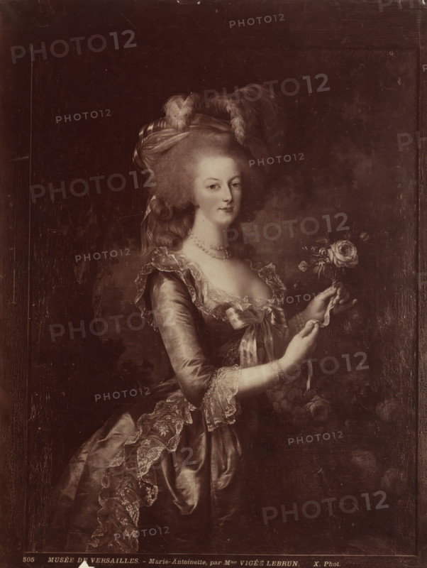 Photo reproduction of a painting by Elisabeth Vigée-Lebrun depicting a portrait of Queen Marie-Antoinette of Austria, Musée de Versailles. - Marie Antoinette, par Mme Vigée Lebrun 1880 - c. 1900, Neurdein Frères, Elisabeth Vigée-Le Brun, photographer, after painting by, France, Attributed to, paper, albumen print, height 270 mm x width 210 mm, Person, Marie Antoinette, ruler, sovereign - BB - female ruler, A formal portrait of a woman shown from the hips upward wearing an ornate gown with lace trim and ribbon details, holding a single rose with a long stem in her hands, her hair arranged in an elaborate high style topped with large feathers and a draped headpiece, a string of pearls around her neck, a composed facial expression with eyes looking forward, and a dark textured background behind her.