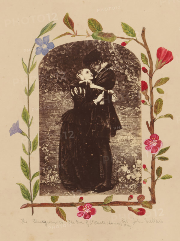 Photo reproduction of A Huguenot, on St. Bartholomew's Day, Refusing to Shield Himself from Danger by Wearing the Roman Catholic Badge after John Everett Millais, album page, photograph, reproduction, This photo is part of an album., annotation: 'The Huguenots. The eve of St. Bartholomew's day, Sir John Mellais', after painting by John Everett Millais, 1875, photographer, paper, albumen print, albumendruk, height 145 mm x width 95 mm, height 320 mm x width 265 mm, embracing each other, kissing, A sepia-toned photograph of a man and a woman standing closely together inside a rounded-arch frame, the man holding the woman and leaning toward her while the woman looks up at him with one hand near her face and the other holding a cloth; both wear dark period clothing with visible folds and textured fabric, the man in a coat with a collar and the woman in a long dress with puffed sleeves. The background inside the arch shows dense foliage and a brick wall at the lower portion, with plants and...