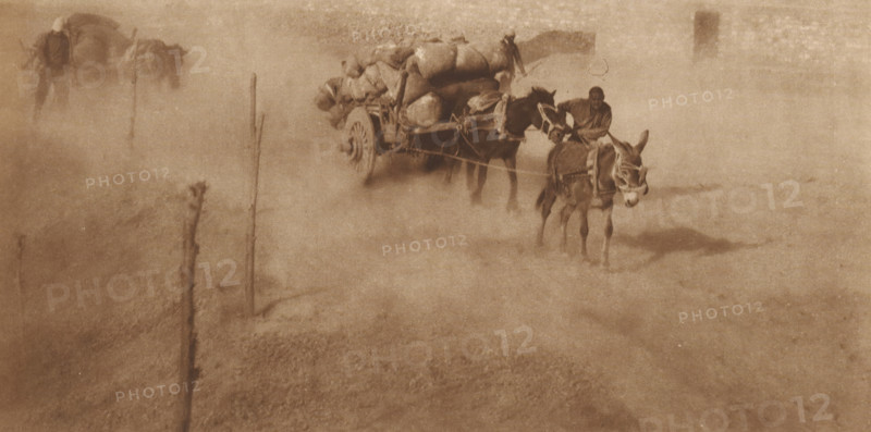 Path with cart drawn by donkeys, page, photomechanical print, photographer: Donald Mennie, Beijing, cliché maker: anonymous, c. 1915 - in or before 1920, paper, rotogravure, height 152 mm x width 291 mm, road, path, animal traction, animal-drawn vehicle (carriage etc.), China, A sepia-toned scene shows a dusty open area with a loaded wooden cart pulled by two donkeys and guided by a person sitting on the cart, another donkey in front of the cart wearing a bridle and harness, and scattered thin wooden posts rising from the ground; the cart is piled with large sacks and bundles, and the dust creates a hazy atmosphere that softens edges and mutes background details.