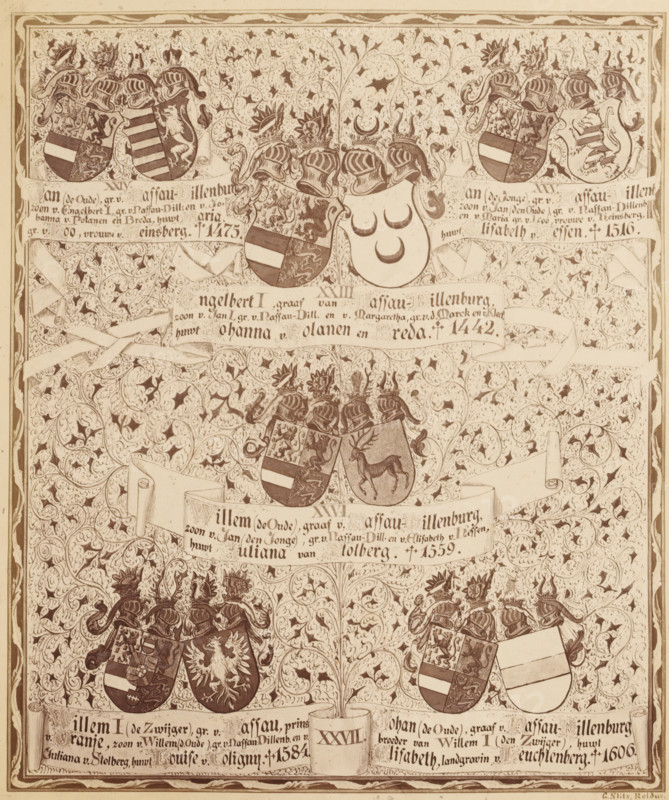 Photo reproduction of a drawing of a family tree, from Jan the Elder, Count of Nassau-Dillenburg, to Johan the Elder, album page, photograph, reproduction, This photo is part of an album., after drawing by Gerard Slits, Rolduc, c. 1869 - in or before 1874, photographer, Kerkrade, pasteboard, paper, albumen print, height 183 mm x width 155 mm, Person, William I (Prince of Orange), William I Count of Nassau-Dillenburg, Engelbrecht I Count of Nassau-Dillenburg, John VI Count of Nassau-Dillenburg, John IV Count of Nassau-Dillenburg, family lineage, pedigree, genealogical tree or table, series of rulers, An ornate vertical panel filled with dense foliate scrollwork and decorative vines, punctuated by multiple heraldic shields topped by crested helmets; several shields display striped bands, animals, or crescent shapes, and some shields appear blank; flowing ribbon banners weave through the foliage; paired shields and helmets are arranged in horizontal groupings separated by bands of decorat...
