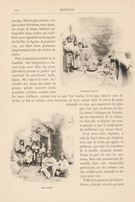 Women and children in a house in Kabylie, Algeria, Intérieur Kabyle, page, photomechanical print, maker: Jules Gervais-Courtellemont, c. 1888 - in or before 1893, paper, collotype, photoprint, height 97 mm x width 88 mm, adult woman, interior of the house, child, North Africa, Kabylie, A sepia-toned page shows two photographic images of groups of people in traditional clothing set against rough stone walls and doorways, with one image at the top right depicting several seated and standing figures around pottery and cooking vessels in a courtyard area, and another toward the lower left showing a larger group posed in front of a stone building with some individuals seated on the ground and others standing, all wearing layered garments and head coverings; the page background is a light aged paper tone with narrow margins and decorative horizontal lines near the top.