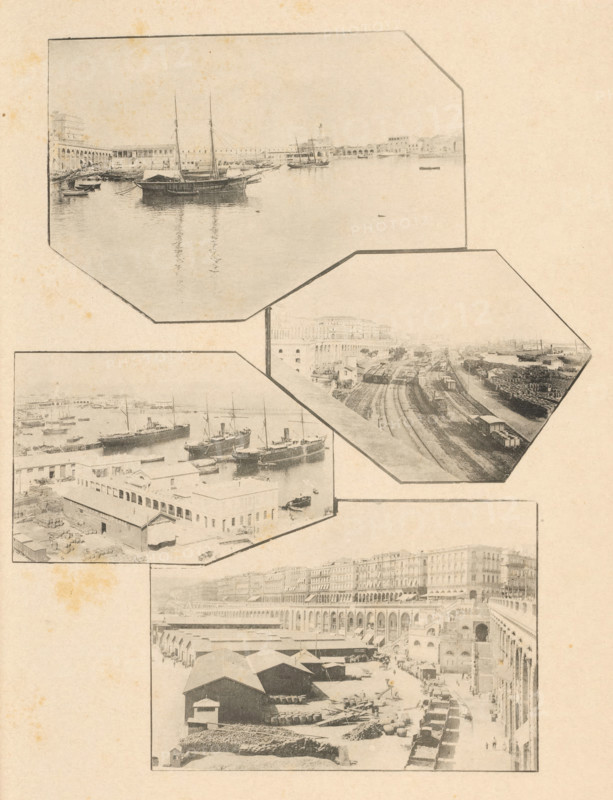 Four views of the harbor and surroundings of the port of Algiers, Algeria, page, photomechanical print, maker: Jules Gervais-Courtellemont, c. 1888 - in or before 1893, paper, collotype, photoprint, height 321 mm x width 224 mm, Prints on third unnumbered page after page 8., harbour, prospect of city, town panorama, silhouette of city, railway-traffic, North Africa, Algiers, The image shows a faded sepia-toned collage of photographic vignettes framed by dark outlines, featuring waterfront scenes with moored sailing vessels and steamships reflected in calm water, arched colonnades and multi-story buildings along the shore, a quay area with warehouses and stacked goods, railroad tracks lined with freight cars running beside the waterfront, rows of covered market stalls and storage sheds, cranes or loading equipment near the docks, small boats scattered in the harbor, and groups of people and carts near the buildings and along the waterfront.