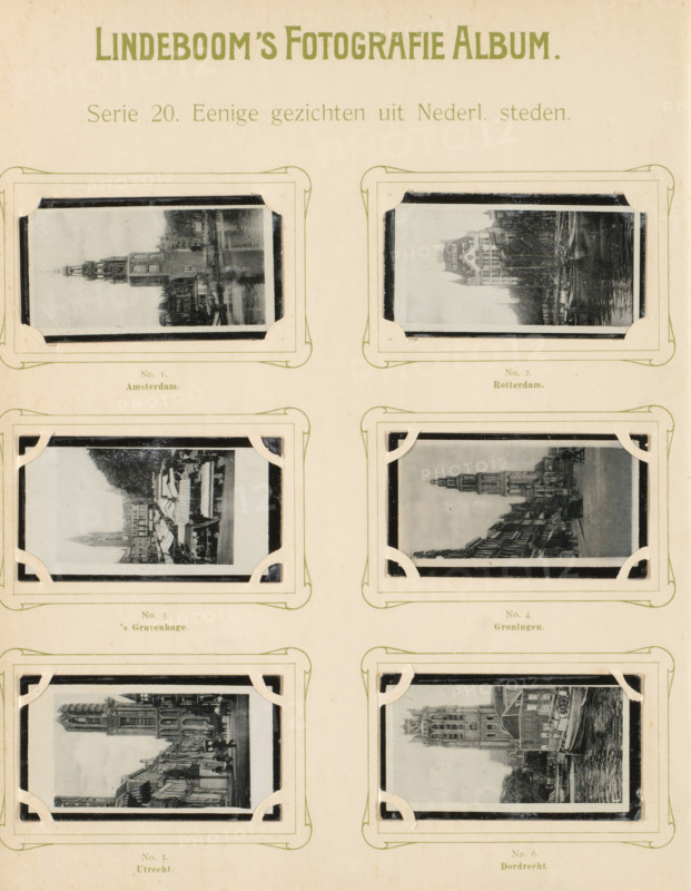 Six reproductions of photographs of the city centers of Amsterdam, Rotterdam, The Hague, Groningen, Utrecht, and Dordrecht, Some views from Dutch cities, album page, reproduction, photomechanical print, These prints are part of an album., inscription: 'Series 20.', after photo by anonymous, publisher: BJ Lindeboom & Zonen, Amsterdam, 1905 - 1906, pasteboard, paper, collotype, photogravure, height 300 mm x width 238 mm, Such prints were known as 'zwartjes'. They were obtained when purchasing certain brands of tea, cocoa, cigarettes, rusks, etc. for collecting purposes. There were collector albums in circulation specially produced for the 'blacks'., city-view in general, 'veduta', Grote Markt (The Hague), Dordrecht, Grote or Onze-Lieve-Vrouwekerk, Dom van Utrecht, Montelbaanstoren, Martinitoren, Witte Huis, A sepia-toned page showing a grid of eight small black-and-white photographic prints mounted within decorative corner mounts, arranged in two vertical columns. Each photograph is fram...