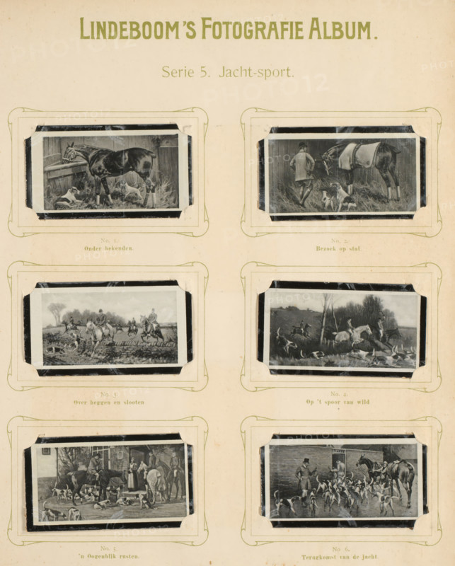 Six reproductions of drawings of horses and dogs during a hunt, Hunting sport, album page, reproduction, photomechanical print, These prints are part of an album., inscription: 'Series 5.', after drawing by anonymous, publisher: BJ Lindeboom & Zonen, Amsterdam, 1905 - 1906, pasteboard, paper, collotype, photogravure, height 300 mm x width 238 mm, Such prints were known as 'blackies'. They were obtained for collecting when purchasing certain brands of tea, cocoa, cigarettes, biscuits, etc. There were collector albums in circulation specifically produced for the 'blacks'., horse, hunters hunting (NB: In 1988-1990 this notation denoted the concept of 43C11421 'hunters resting during the hunt'), hunting dogs, A vertical page with a pale background showing six rectangular photographic prints arranged in three rows and two columns, each print mounted within decorative corner holders and framed by thin borders; the top center has a large title in bold uppercase letters and a smaller line of t...