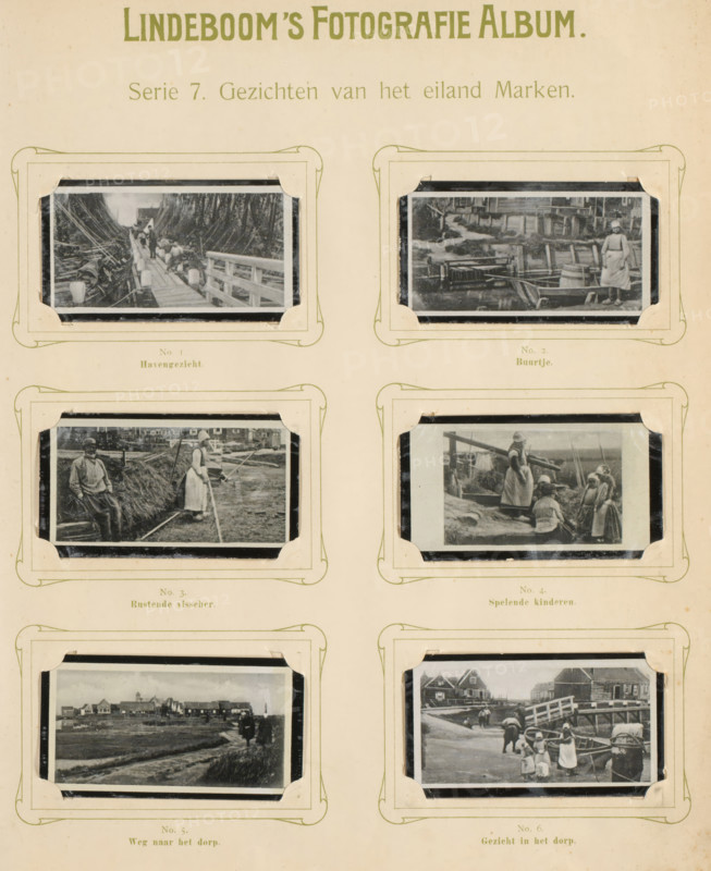Six reproductions of photos of Marken, Views of the island of Marken, album page, reproduction, photomechanical print, These prints are part of an album., inscription: 'Series 7.', after photo by anonymous, Marken, publisher: BJ Lindeboom & Zonen, Amsterdam, 1905 - 1906, pasteboard, paper, collotype, photogravure, height 300 mm x width 238 mm, Such prints were known as 'zwartjes'. They were obtained when purchasing certain brands of tea, cocoa, cigarettes, biscuits, etc. for collecting. There were collector albums in circulation specially produced for the 'zwartjes'., village, A cream colored album page with decorative pale green borders holding six small black and white photographic prints arranged in three rows of two, each print mounted in corner brackets; the top shows a narrow bridge or boardwalk flanked by stacked boats and a shoreline in one print and a waterfront scene with a person standing near boats in the other; the middle row shows a print of people working near a pile of ...