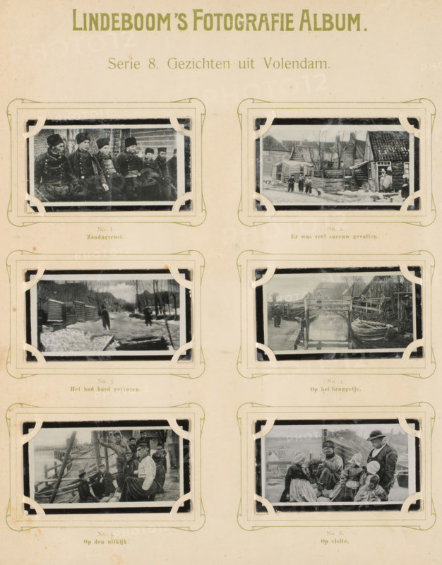 Six reproductions of photos of Volendam, Faces from Volendam, album page, reproduction, photomechanical print, These prints are part of an album., inscription: 'Series 8.', after photo by anonymous, Volendam, publisher: BJ Lindeboom & Zonen, Amsterdam, 1905 - 1906, pasteboard, paper, collotype, photogravure, height 300 mm x width 238 mm, Such prints were known as 'zwartjes'. They were obtained when purchasing certain brands of tea, cocoa, cigarettes, rusks, etc. for collecting. There were collector albums in circulation specially produced for the 'zwartjes'., village, A vertical sheet with six mounted black-and-white photographs arranged in three rows and two columns, each photo held in decorative corner mounts on a cream-colored background with a printed header at the top; the photos show various outdoor scenes including groups of people wearing dark coats and hats seated together, a snowy village street with wooden buildings and figures, a frozen waterway with people walking and boat...