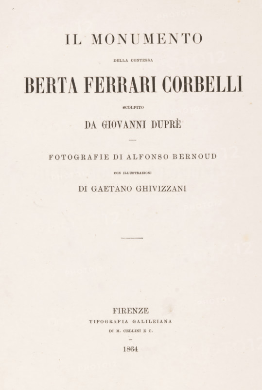 Il monumento della contessa Berta Ferrari Corbelli scolpito da Giovanni Duprè, fotogr. di Alfonso Bernoud, con ill. di Gaetano Ghivizzani, book, annotation: 'Fra Angelo Haa.e, .il, hius .en ..., se... danese, illustrissimo, 7-2-01.', date: 'MAY, 2009', photographer: Alphonse Bernoud, printer (person): Tipografia Galileiana, Florence, 1864, printer (person), Tuscany, paper, printing, albumen print, height 310 mm x width 223 mm x thickness 7 mm, The image shows an aged, off-white page with printed lines of large, centered black text in various serif typefaces arranged vertically down the page, with noticeable spacing between the lines and a faint horizontal rule near the middle; the paper displays small brown spots and slight discoloration, giving it an antique appearance.