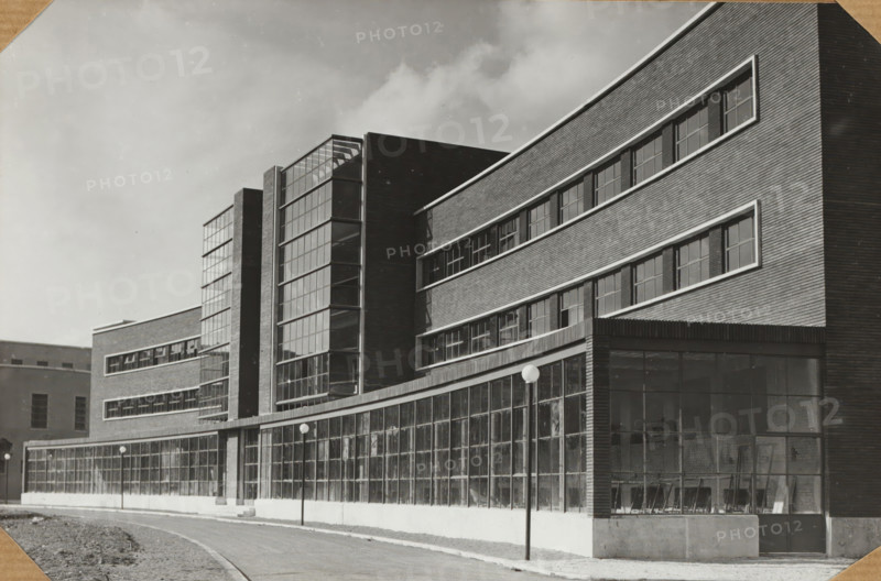 Italy, photograph, c. 1880 - c. 1910, photographer, paper, albumen print, height 300 mm x width 200 mm, A black and white photograph of a multi-story building with a curved facade and long horizontal bands of windows set into brickwork; large vertical glass stairwell sections project from the front and reveal a grid of window panes and interior stair treads; the ground level features a continuous row of tall glass panels framed by slender mullions, some showing reflections and interior shelving; simple street lamps with spherical globes line the sidewalk in front of the building; the sky above is cloudy and light in tone; the foreground shows a paved road curving past a grassy verge.