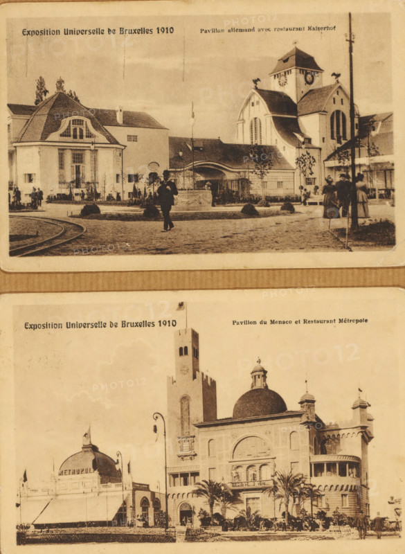 World Exhibition Brussels, photograph, 1910, photographer, paper, collotype, photogravure, height 100 mm x width 150 mm, World Exhibition 1910 (Brussels), Brussels, Period, A sepia-toned image showing two separate historic building scenes arranged vertically, the top scene features a park-like foreground with curved tracks and a central fountain area, flanked by small rounded shrubs and a few trees, in front of a row of buildings including a house with a steep tiled roof and ornate dormer and a larger building with a tower and arched windows; people are visible walking and standing near the buildings and along paths. The lower scene shows a grand ornate façade with domes and towers, palm trees in front, a promenade with groups of people gathered and walking, and adjacent structures with decorative roofs and awnings, all presented with an aged photographic texture.