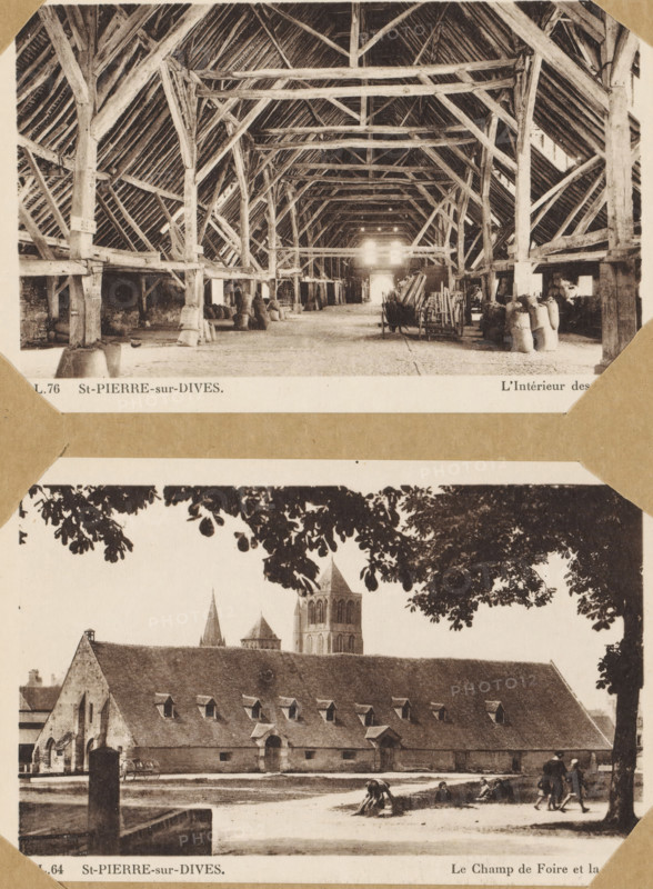 St. Pierre sur Dives, photograph, 1860 - 1930, photographer, paper, collotype, photoprint, height 100 mm x width 150 mm, height 300 mm x width 250 mm, Saint-Pierre-sur-Dives, A vertical collage of two sepia photographs mounted on a sheet with corner photo corners, the top image showing the interior of a large timber-framed barn with exposed beams and rafters converging toward a bright open doorway, dirt floor, stacked sacks and bundles along the sides, and a wooden cart with long handles toward the center aisle, while the bottom image shows a long stone building with a steep roof and small dormer windows, a foreground grassy area with a few seated and walking figures, tree branches framing the top, and church towers rising behind the roofline.