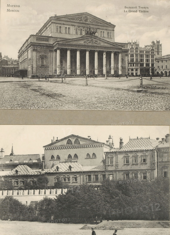 Moscow. Groote Theater, photograph, Russia, 1860 - 1925, photographer, paper, collotype, photoprint, height 100 mm x width 150 mm, height 300 mm x width 250 mm, Moscow, A sepia-toned composite image showing two distinct horizontal sections of an urban scene; the upper section features a large neoclassical building with a wide portico of tall columns supporting a triangular pediment and a sculptural group atop the roof, a cobbled open square in front with low posts and chains, scattered small figures and a row of multi-story buildings to the right, while the lower section shows a different riverside view with a crenellated wall, dense trees behind it, varied rooflines including patterned rooftops and arched windows, and a foreground riverbank with a couple of small human figures near the water.