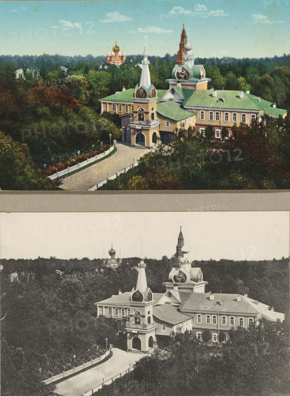 Getsemanskiy Skyta, photograph, Russia, 1860 - 1925, photographer, paper, collotype, lithography, light printing and lithography, height 100 mm x width 150 mm, height 300 mm x width 250 mm, Aerial view of a complex of ornate buildings set within dense trees, the upper portion in color showing a main structure with green roofs, pale yellow walls, decorative domes and spires topped with finials, an arched entrance with a small balcony above it and a curved driveway lined with a white fence and planted borders, surrounding foliage in varying shades of green and autumnal tones, and a distant red-brick building with golden domes visible above the treeline; the lower portion displays a black-and-white reproduction of the same scene with the same architectural features and tree cover.