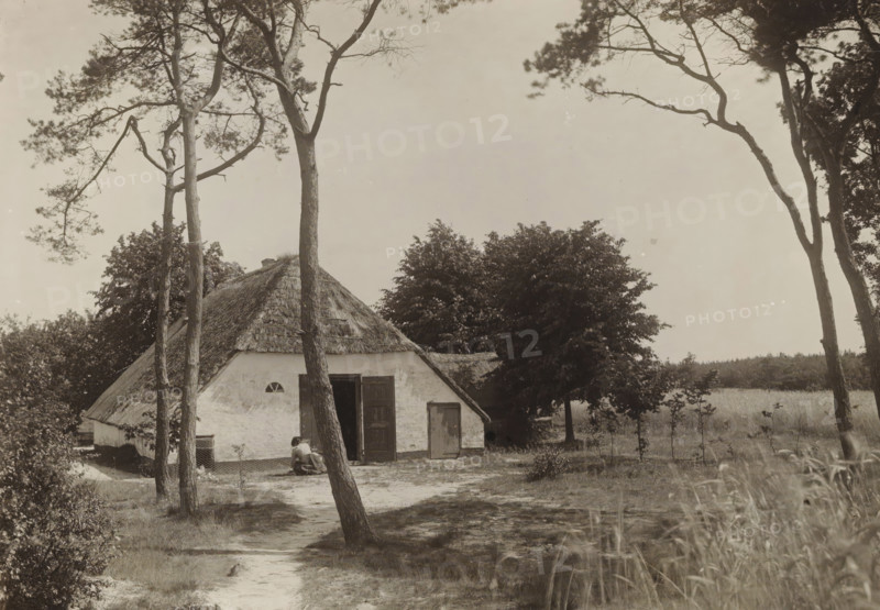 Landscape with a farmhouse on the Zoom near Nunspeet, photograph, title: 'de Zoom', photographer: Gerard Aalbersberg (us), Nunspeet, c. 1900 - c. 1906, paper, gelatin silver print, developed gelatin silver print, height 117 mm x width 168 mm, A thatched cottage with a sloped roof sits amid trees and open land, its exterior showing a doorway with an open door and a smaller closed door nearby; tall, slender trees with sparse branches frame the scene, casting shadows on the ground and partly obscuring the cottage; a person crouches near the cottage entrance, and dense foliage and a cluster of trees rise behind the building while a grassy field stretches into the distance.