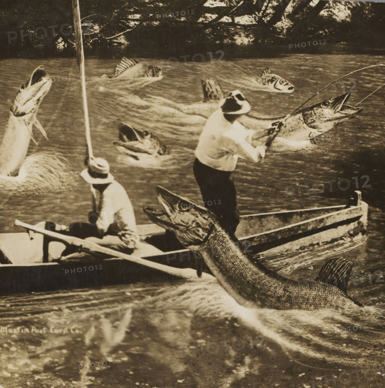 Photomontage of 3 men fishing in a boat among giant fish, picture postcard, inscription: 'Great Sport fishing here., Copyright 1910 by Martin Post Card Co.', inscription: 'FROM THE COLLECTION, OF, FRANK C. PERREAULT', inscription: 'MARTIN, MARTIN, Pub. by, Martin, Ottawa, Kansas', photographer: William H. Martin, United States of America, 1910, North America, paper, gelatin silver print, developing gelatin silver print, height 0 mm x width 0 mm, A sepia-toned photograph shows two people wearing hats and light shirts seated in a wooden rowboat on choppy water, one person holding an oar and the other holding a fishing rod, with several large fish leaping out of the water around the boat and one prominently close to the hull with an open mouth; a rocky shoreline is visible in the background and a gray vertical strip with a series of dark panels runs along the right edge of the image.