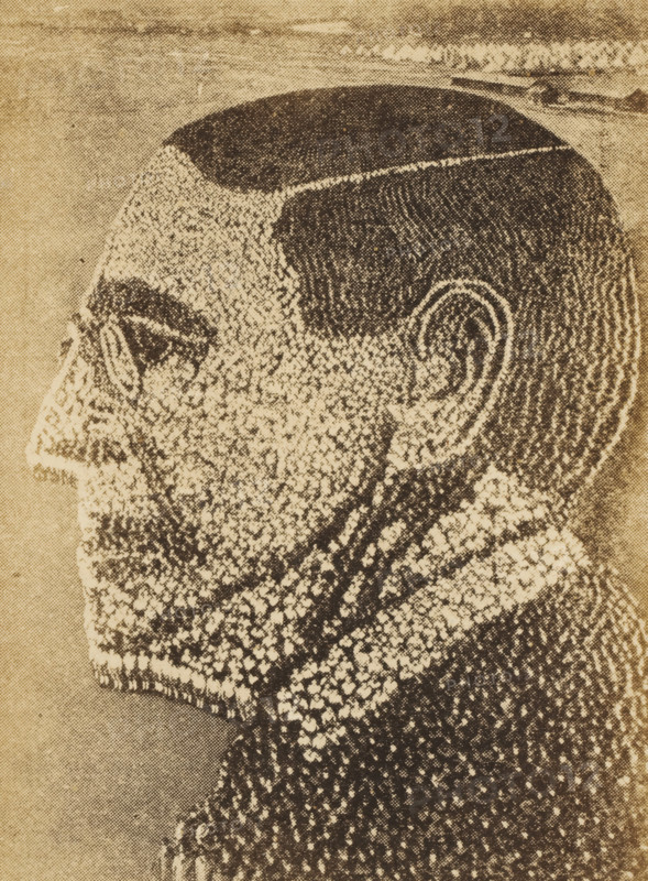 21, 000 American soldiers forming the portrait of President Woodrow Wilson, picture postcard, inscription: 'COPYRIGHT, MOLE AND THOMAS, One of the Most Difficult to Pose of the Many, 'Living' Pictures in Which Our Soldiers have Ap-, peared: This Likeness of the President Was Made Up, of 21, 000 Men, at Camp Sherman, Chillicothe, Ohio', photographer: Arthur S. Mole, Ohio, photographer: John Thomas, 1918, North America, paper, pasteboard, autotype, gelatin silver print, developing gelatin silver print after autotype, height 0 mm x width 0 mm, Person, Thomas Woodrow Wilson, A high-contrast, halftone-style side profile of a man's head and upper neck rendered in dark and light dots and lines on a beige background, showing a closely shaved top, short cropped hair on the sides, a prominent ear, a defined eyebrow, an eye with a heavy dark area around it, a nose and mustache, textured stubble on the lower face, and a patterned beard and neck area composed of clustered dots and strokes.