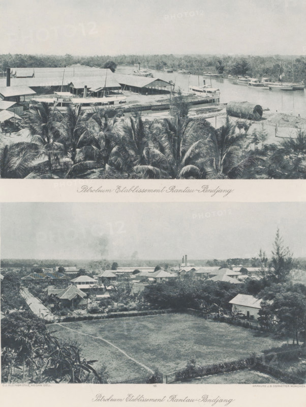 Petroleum installations with harbor in Rantaupanjang, Petroleum Etablissement Pantau-Pandjang (above and below), photomechanical print, Part of Album with heliogravures of Sumatra's east coast., number: '16', photographer: Carl J. Kleingrothe, Rantaupanjang, cliché maker: Johann Baptist Obernetter, Munich, in or before 1898, Carl J. Kleingrothe, Johann Baptist Obernetter, photographer, cliché maker, Bavaria, Sumatra, paper, photoaquatint, heliogravure, height 126 mm x width 217 mm, height 128 mm x width 216 mm, harbor (view, vehicle, ship, etc.), oil, oil refinery, A composite image with an upper scene showing a waterfront area with boats moored along a river, a shoreline with sheds and long roofed structures, a large cylindrical tank lying on the ground near the water, palm trees in the foreground, and distant tree-lined banks; a lower scene depicting a residential area with scattered houses and roofs, open grassy fields with winding dirt paths, trees and gardens around the buildings,...
