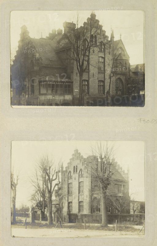 Exterior of the director's residence of Oslebshausen prison, photograph, postcard, Part of Photo album of Carl Heinrich Fliegenschmidt, prison director in Oslebshausen., Oslebshausen, 1890 - 1910, photographer, Bremen (city), paper, gelatin silver print, developed gelatin silver print, height 78 mm x width 110 mm, rural housing, eg country-house, villa, cottage, façade (of house or building), prison, jail, An image of two sepia-toned photographs mounted vertically on a page, each showing a brick building with Gothic architectural features; the top photograph depicts a multi-story brick structure with steep gables, arched windows, a conservatory-like porch, bare trees in front, and a wrought-iron fence along the base, while the bottom photograph shows a similar or the same building from a slightly different angle with tall leafless trees lining the street, decorative brickwork, a gated entrance, and a sidewalk in the foreground.