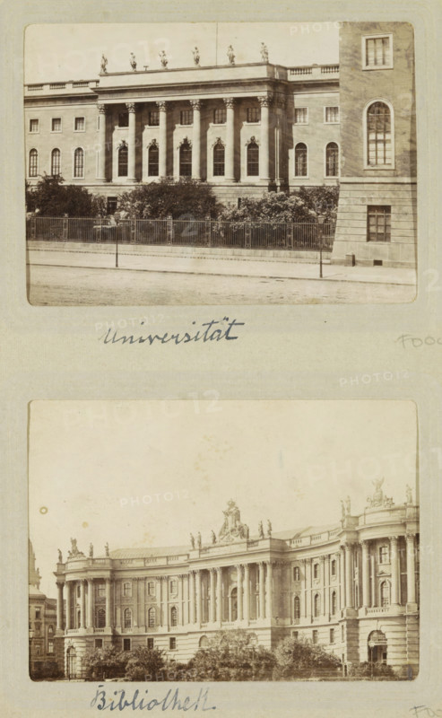 Exterior of the main building of the Humboldt University in Berlin, photograph, cabinet photograph, Part of Photo album of Carl Heinrich Fliegenschmidt, prison director at Oslebshausen., inscription: 'C. Fliegenschmidt Universität', Berlin, c. 1890 - c. 1910, photographer, pasteboard, paper, albumen print, height 78 mm x width 110 mm, facade (of house or building), university building, college, A vertical image shows two sepia photographs of large classical stone buildings mounted on a pale page. The top photograph depicts a façade with tall columns, rectangular and arched windows, a balustrade along the roofline, statues atop the cornice, dense foliage and a metal fence in front, and a paved street in the foreground. The bottom photograph shows a curved façade with rows of columns, decorative sculptures and statues along the roof, multiple windows and arched doorways, trees and shrubs at the base, and the pale mounting paper surrounding both photos.