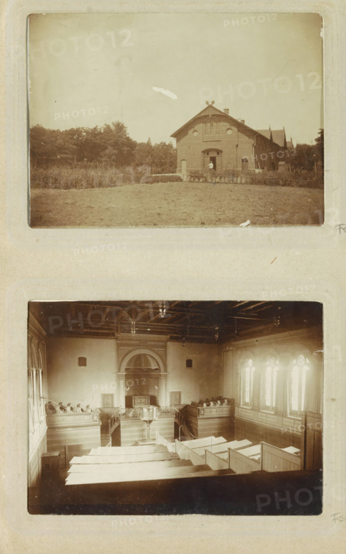 Building with field belonging to the Oslebshausen prison, photograph, Part of Photo album of Carl Heinrich Fliegenschmidt, prison director at Oslebshausen., Oslebshausen, c. 1890 - c. 1910, photographer, Bremen (city), pasteboard, paper, daylight collodion silver print, height 78 mm x width 110 mm, barn, cultivated land, prison, jail, The image shows two sepia photographs mounted vertically on a page. The top photograph depicts a grassy open area leading to a brick building with a peaked roof and decorative gable; there are trees behind and to the left of the building and a person standing at the building's entrance. The bottom photograph shows an interior view of a large hall with wooden pews or benches facing a raised central pulpit or platform, ornate woodwork and railing, high decorative ceiling with light fixtures, and tall arched windows along the right wall letting in light.