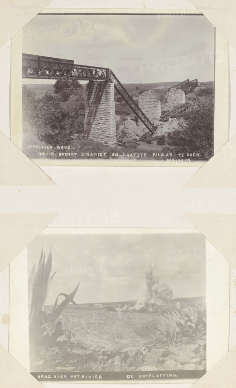 Vet River Bridge. Train brings dynamite to blow up the last pillar., Partially blown-up railway bridge with train over the Vet River in South Africa, photograph, Part of Album with 191 photos of a trip to and through South Africa., South Africa, 1899 - 1902, photographer, paper, daylight paper print, height 119 mm x width 164 mm, bridge, A faded photographic page showing two mounted black-and-white images; the top image depicts a partially collapsed metal truss bridge spanning a landscape with stone piers, damaged sections of track and twisted metal, surrounding scrubby vegetation and distant rolling terrain under a cloudy sky, while the bottom image shows a wide open landscape with foreground spiky plants and rocky ground, distant low hills, and a large plume of smoke or explosion rising into the sky.