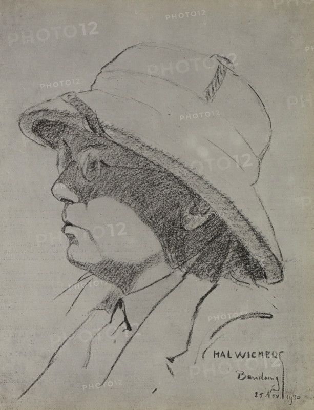 Portrait of (presumably) Hans Martin, album page, photograph, reproduction, Album page with a photograph of a signed drawing by Hal Wichers, depicting Hans Martin wearing a pith helmet. Part of the KLM Indies Line Commemorative Album, Part I., after drawing by Hal Wichers, Bandung, in or after 1930 - in or before 1949, photographer, Java, West Java, pasteboard, paper, gelatin silver print, photographic paper on cardboard, height 272 mm x width 395 mm, Person, KLM, Hans Martin, headgear: hat, travelling, tourism, airborne traffic, aviation, Period, 1925, A charcoal profile drawing of a person wearing a wide-brimmed hat tilted forward, showing the forehead, nose, lips, and chin in side view, with shading filling the face beneath the brim and textured strokes defining the hat and hairline; the person appears to wear a collared garment with a visible hand near the chest, and the background is plain.