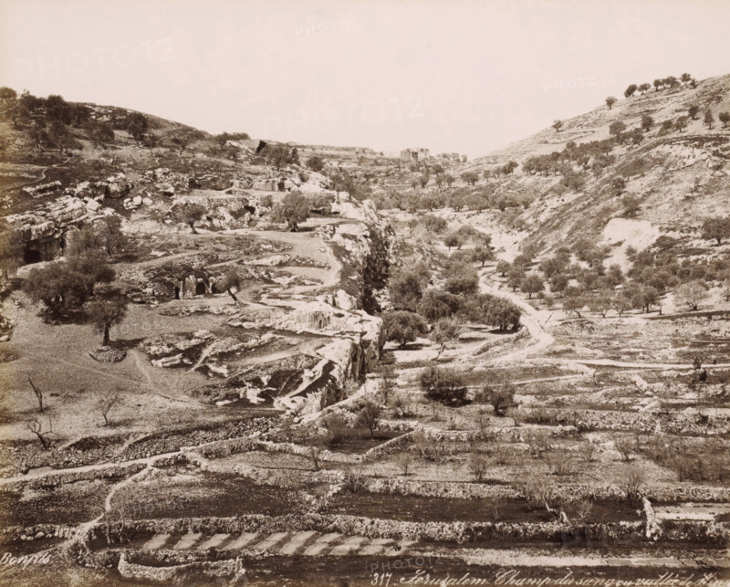 View of the Valley of Hinnom near Jerusalem, Jérusalem, Champ du sang ou vallée de Hinn, photograph, Part of Travel album with photos of Jerusalem and other biblical places., negative number: '317', photographer: Maison Bonfils, Jerusalem, c. 1867 - c. 1895, pasteboard, paper, albumen print, height 225 mm x width 281 mm, dale, valley, A sepia-toned landscape showing a rocky hillside and a valley with terraced slopes and scattered trees. The left side features rocky outcrops and caves cut into the stone, with several trees growing among the rocks. A narrow path runs along the ridge and down into the valley. The valley floor contains more terraces and low stone walls, interspersed with trees and shrubs. The right side shows a steep, terraced hill dotted with more trees and pathways. In the distance near the center top there is a cluster of buildings set among the terraces. The sky is pale and clear, occupying the upper portion of the scene.