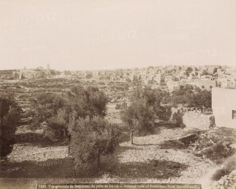 General view of Bethlehem from David's well. - General view of Bethlehem from David's well., View of Bethlehem from David's Well, photograph, Part of Travel Album with Photos of Jerusalem and Other Biblical Places., negative number: '1225', photographer: Maison Bonfils, Bethlehem (Israel), c. 1867 - c. 1895, Maison Bonfils, photographer, Palestine, pasteboard, paper, albumen print, height 224 mm x width 284 mm, prospect of village, silhouette of village, A wide panoramic scene showing a hillside landscape with scattered trees and terraced ground in the foreground and a dense cluster of flat-roofed stone buildings on a rise in the background, with a few larger structures that have towers or domes among the buildings; stone walls and paths are visible winding through the terrain, and vegetation appears sparse and scrubby across the slopes.