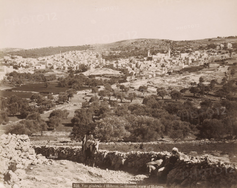 General view of Hebron.- General view of Hebron., View of Hebron, photograph, Part of Travel Album with photos of Jerusalem and other biblical places., negative number: '338', photographer: Maison Bonfils, Hebron, c. 1867 - c. 1895, Palestine, West Bank, pasteboard, paper, albumen print, height 222 mm x width 279 mm, prospect of city, town panorama, silhouette of city, A wide sepia-toned landscape showing a hillside town with densely packed light-colored stone buildings and a few taller tower-like structures set against rolling hills, with scattered trees and terraced fields in the foreground; a dry stone wall runs across the lower part of the scene, where two figures sit and one figure rides a donkey near the wall, and further down the slope there are more scattered trees and rocky ground.