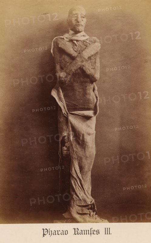 Mummy of Pharaoh Ramses III, Pharaoh Ramses III, photograph, page, inscription: 'Verlag von S. Mayer in Esslingen', publisher: Samuel M. Mayer, 1886, photographer, paper, albumen print, albumendruk, height 234 mm x width 164 mm, Person, Ramesses III (Pharaoh of Egypt), king, mummy, North Africa, Egypt, A tall upright wrapped figure stands against a plain background, the body covered in aged linen bandages and cloth that hang and fold in places, with arms crossed over the chest and portions of the torso and limbs exposed where the wrappings are worn; the face is partially covered with tight bandaging but shows facial contours and a closed mouth, and the lower cloth drapes down to the base with visible texture and frayed edges.