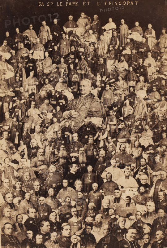 Collage with 169 Popes, Sa Ste le pape et l'episcopat, photocollage, inscription: 'AUGUSTE PONTIFE, SOUVERAIN, la reproduction en est défendre, c'est une proprieté privatee', address: '4. Chaussée d'Etterbeek, BRUXELLES.', number, photographer: Mirrehelle, Brussels, 1851 - 1900, Mirrehelle, photographer, pasteboard, paper, albumen print, albumendruk, height 418 mm x width 258 mm, pope, A densely packed black-and-white collage of many men arranged in tiers, most wearing clerical robes, collars, or ornate vestments, with a larger seated figure near the center wearing embellished ceremonial garments and a decorative stole; faces show a variety of expressions and ages, some with beards and some clean-shaven, and many wearing crosses or religious insignia; the background is dark and plain, and the composition includes chairs and draped fabrics interspersed among the figures.