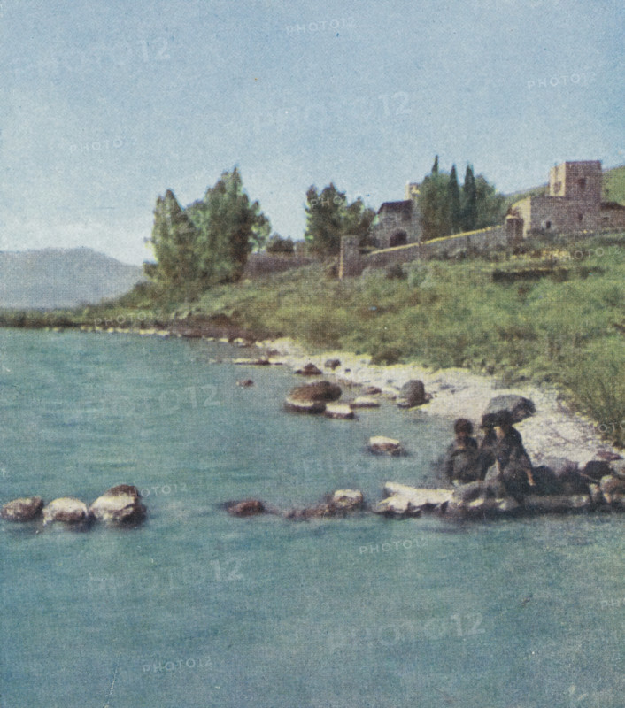 View of the former Bethsaida on the Sea of Tiberias, Bethsaida, Series 27 Palästina 1 No. 175-180, photomechanical print, stereograph, inscription: 'Viele vermuten an dieser Stelle am nördlichen, Ufer des Sees Genezareth die Stätte, ', inscription: 'Chromoplast-Bild', number: 'No. 180', inscription: 'Warenzeichen, No. 142 123', inscription: 'DRGM, No. 437 756', title: 'Bethsaida.', Betsaida, cliché maker: Farbenphotographischen Gesellschaft, Stuttgart, 1911 - 1919, photographer, Baden-Württemberg, Tiberias, paper, three-color autotype, height 90 mm x width 180 mm, lake, landscape with ruins, A shoreline scene showing a calm body of blue-green water in the foreground with scattered rounded rocks near the shore, a narrow pebbled beach, a grassy slope rising to a tree-lined ridge, several tall dark green trees and shrubs, and a small cluster of stone buildings with rectangular shapes and pitched roofs partially visible behind the trees under a pale blue sky.