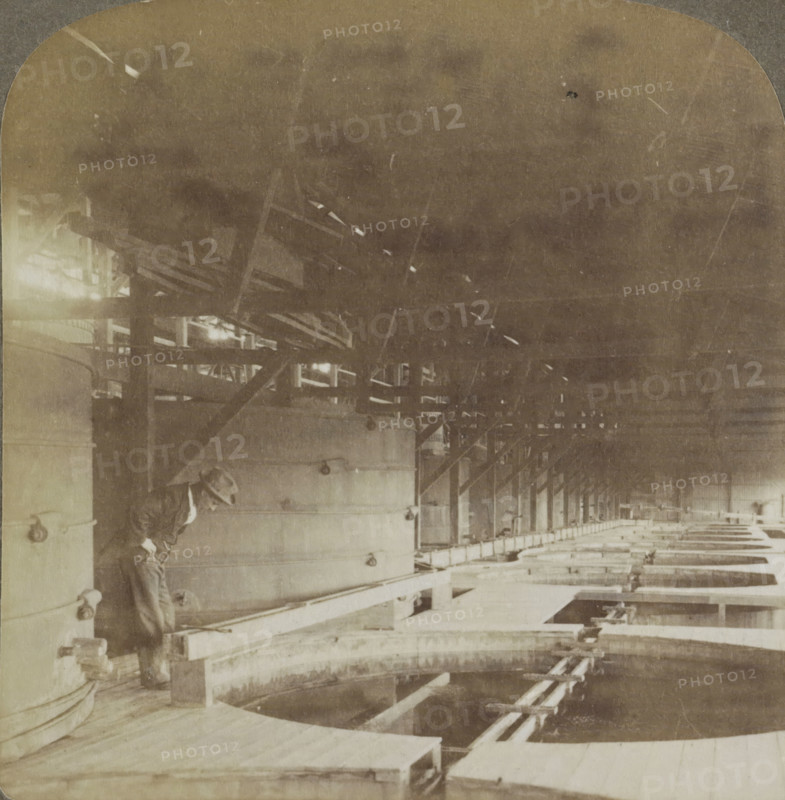 Precipitating Vats at the Robinson mine, Johannesburg, Precipitating Vats - extracting Gold from the ore, Robinson Mine, SA, the World's richest Gold District, stereograph, title: 'Precipitating Vats - extracting Gold from the ore, SA -, the World's richest Gold District', number: '38', inscription: 'SUN SCULPTURE, UU, TRADEMARK, Works and Studios, Arlington, NJ Westwood, NJ Washington, DC', copyright notice: 'Copyright 1901 by Underwood & Underwood.', publisher: Underwood and Underwood, New York (city) (possibly), 1901, photographer, North America, pasteboard, paper, albumen print, albumendruk, height 88mm x width 178mm, mining, A sepia-toned interior scene showing a large wooden structure with rows of curved troughs and supporting beams, a long narrow walkway running alongside the troughs, overhead rafters and crossbeams creating a repeating pattern, visible hardware and pipes along the walls, and a person wearing a hat and work clothes leaning against a vertical support near the for...