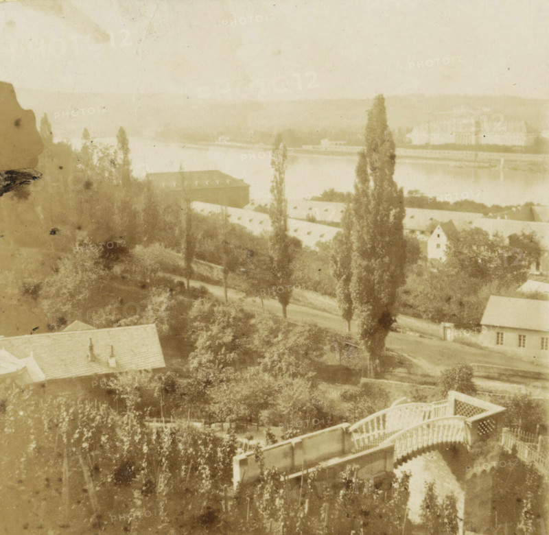 Confluent of the Moselle and the Rhine at Coblentz, Meeting of the Moselle and the Rhine near Koblenz, Germany, Boards of the Rhine, stereograph, inscription: '6', number: 'No 76', Koblenz, 1861 - 1870, photographer, Rhineland-Palatinate, pasteboard, paper, albumen print, height 86 mm x width 172 mm, river, city-view, and landscape with man-made constructions, Rhine, Moselle, A faded sepia view showing a riverside scene with tall narrow trees rising above rooftops and garden foliage, a long low building with a sloped roof near the water, a winding path or road passing among trees, a pale body of water stretching across the middle distance, distant low hills beyond the water, and portions of decorative wooden railings and terraces in the foreground.