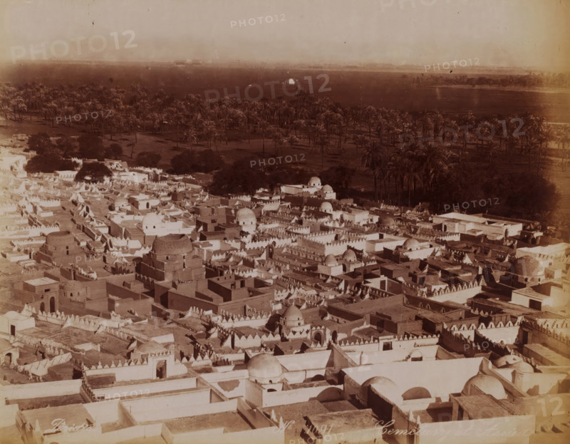 Cemetery at Assiud, View of the cemetery of Assioet, photograph, number: 'N. 1091', photographer: Peridis, Assioet, 1870 - 1900, North Africa, paper, albumen print, height 218 mm x width 277 mm, cemetery, park-like burying ground, A sepia aerial view of a dense cluster of flat-roofed buildings and domed structures with crenellated parapets, narrow alleys and small courtyards, interspersed with larger trees; beyond the built area a broad expanse of land with rows of tall palm trees and scattered vegetation stretches toward the horizon under a pale sky.