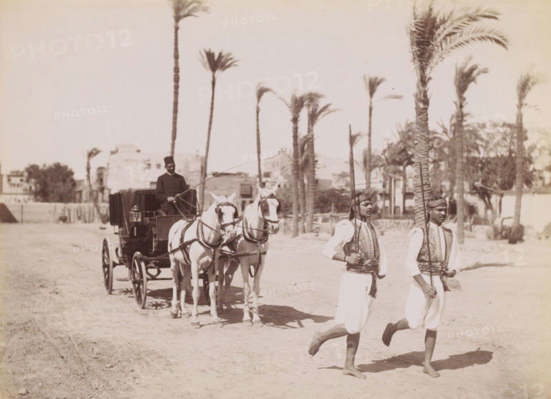Saïs courant, Coach and coachman with two guards in Cairo, photograph, number: 'no 59', photographer: G. Lekegian & Co., Cairo (city), 1887 - 1900, Ottoman Empire, North Africa, paper, albumen print, height 211 mm x width 275 mm, four-wheeled vehicle drawn by two animals, body-guard of ruler, A sepia photograph showing two bare-footed men in traditional embroidered vests and headwraps walking forward while each holds a long pole, two white horses hitched to a carriage stand behind them with a man seated on the carriage holding reins, a row of tall palm trees rises in the background with low buildings and vegetation behind them, the ground appears sandy and open.