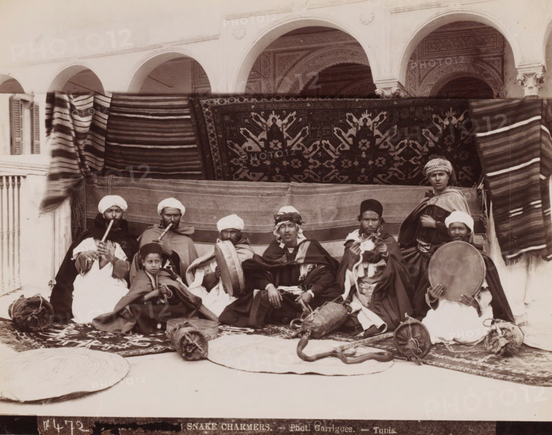 Snake Charmers, Snake Charmers in Tunis, photograph, number: 'No 472', photographer: J. André Garrigues, Tunis, 1860 - 1900, North Africa, paper, albumen print, height 199 mm x width 251 mm, snakes, A group of seated men and a boy arranged in front of patterned hanging rugs and striped cloths, many wearing turbans, caps, cloaks, and layered garments, with several holding or playing wind instruments and frame drums, one man holding a coiled snake on the ground near woven circular mats and bundled items, a background of arched architectural openings with decorative plasterwork and carved columns, and textile rolls and baskets placed around the group.