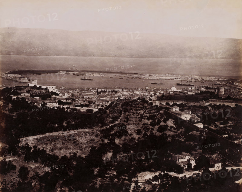 View of Messina, Italy, Messina Panorama, photograph, number: 'No. 1330', photographer: Giorgio Sommer, Messina, 1857 - 1914, Sicily, paper, albumen print, height 196 mm x width 240 mm, harbor, prospect of city, town panorama, silhouette of city, A wide sepia-toned panoramic view shows a coastal town and harbor seen from an elevated vantage point, with a foreground of terraced hillsides covered in trees and scattered houses, a midground of dense clustered buildings with varied rooflines and a few domed structures, and a background of calm water dotted with several ships and small boats alongside a low shoreline and distant hills under a pale sky.